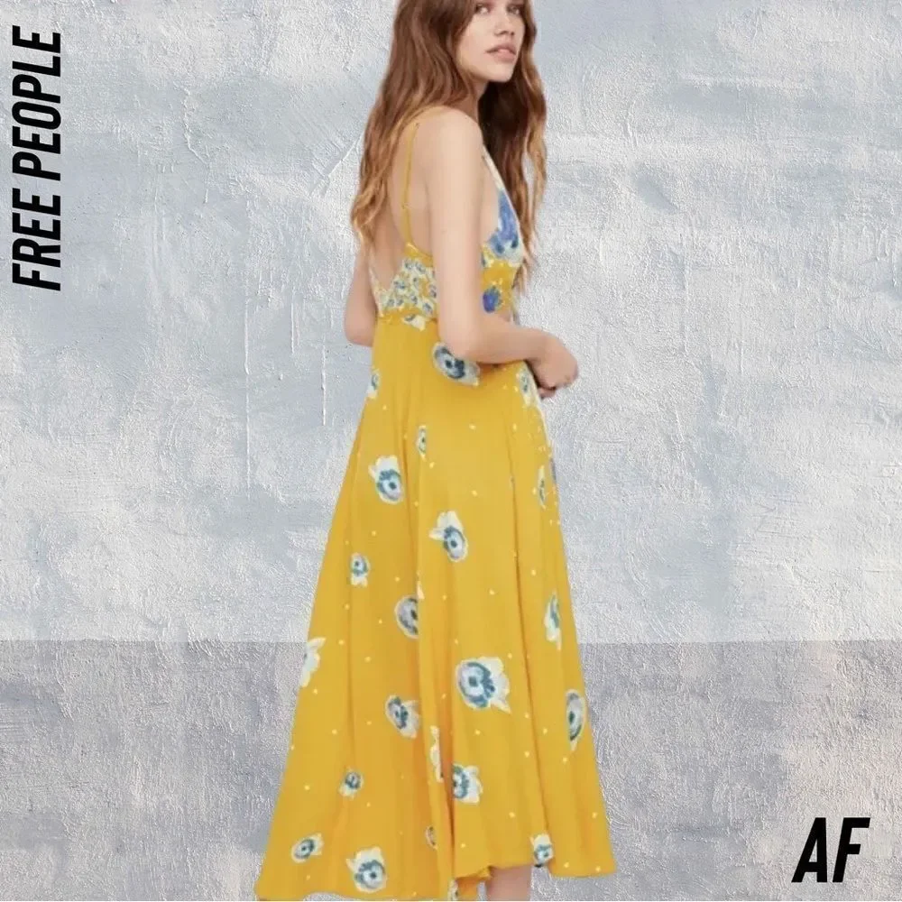 Free People Yellow Floral Maxi Dress with Blue Accents